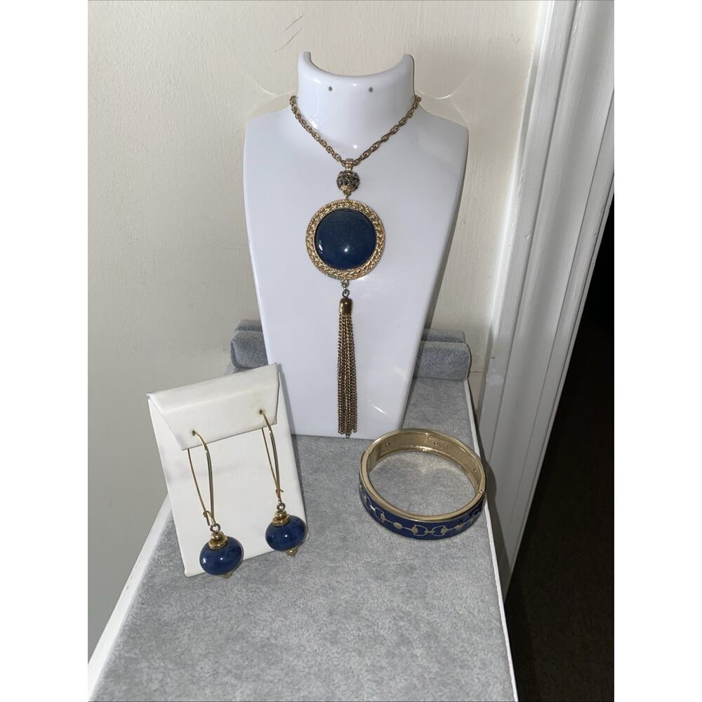 Navy Blue & Gold Plated Tassel Necklace, Dangle Earrings, Pull On Bracelet Set